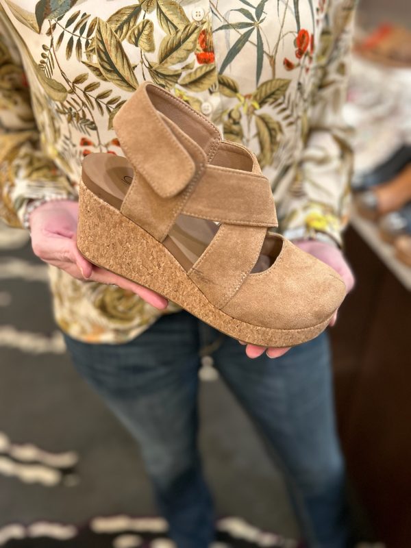 Corkys case closed taupe caramel faux suede velcro back strap closed toe wedge