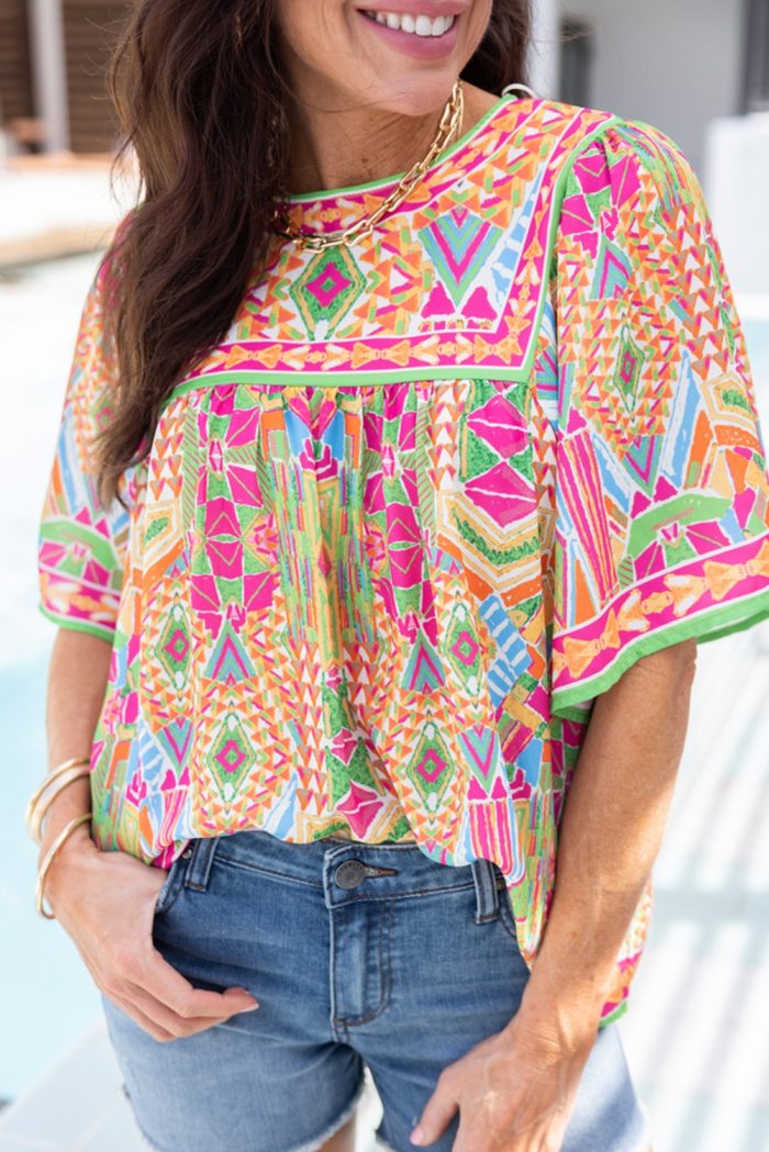 Multicolor Abstract Bell Sleeve Oversized Blouse