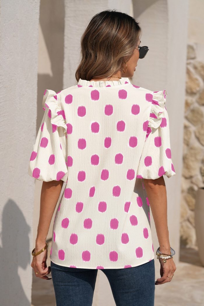 Pink Dot Ruffle Trim Blouse - Image 2