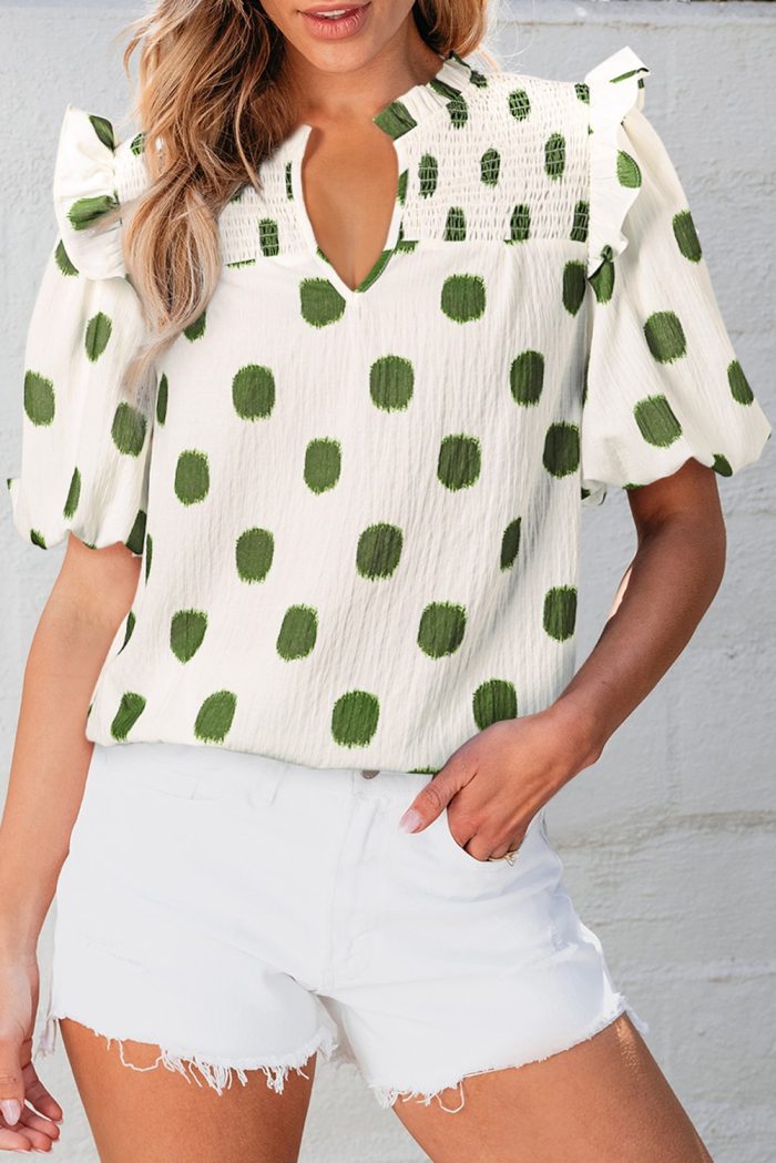 Green Dot Ruffle Trim Blouse