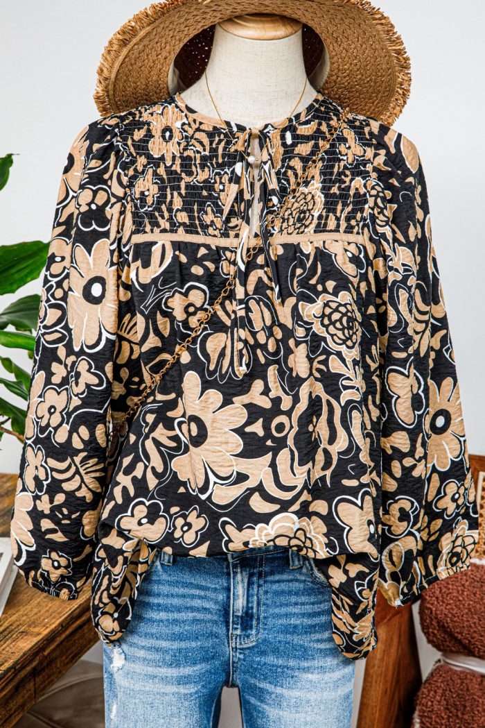 Floral Shirred Yoke Split Neck Boho Blouse