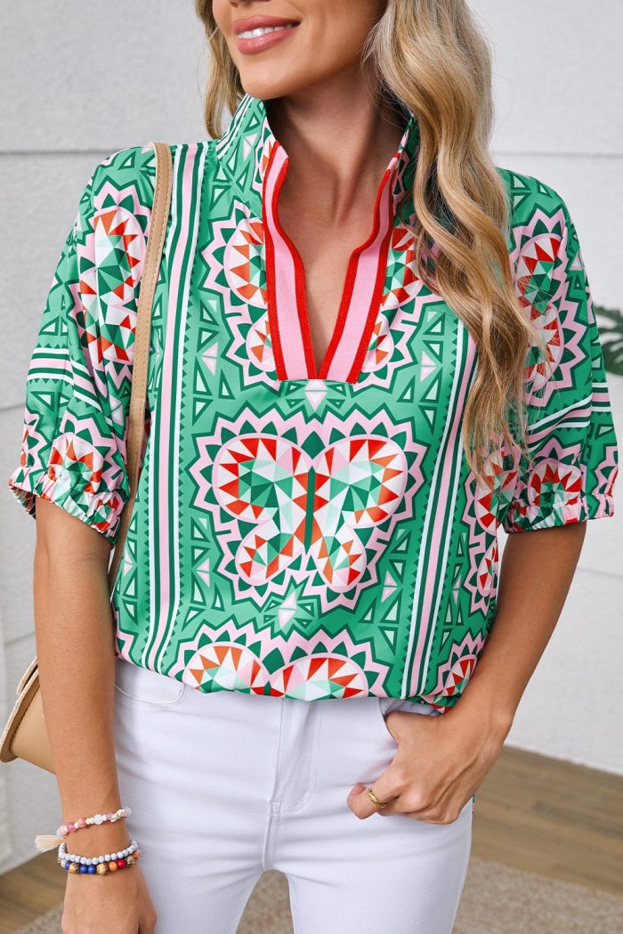 Green and White Boho Abstract Blouse
