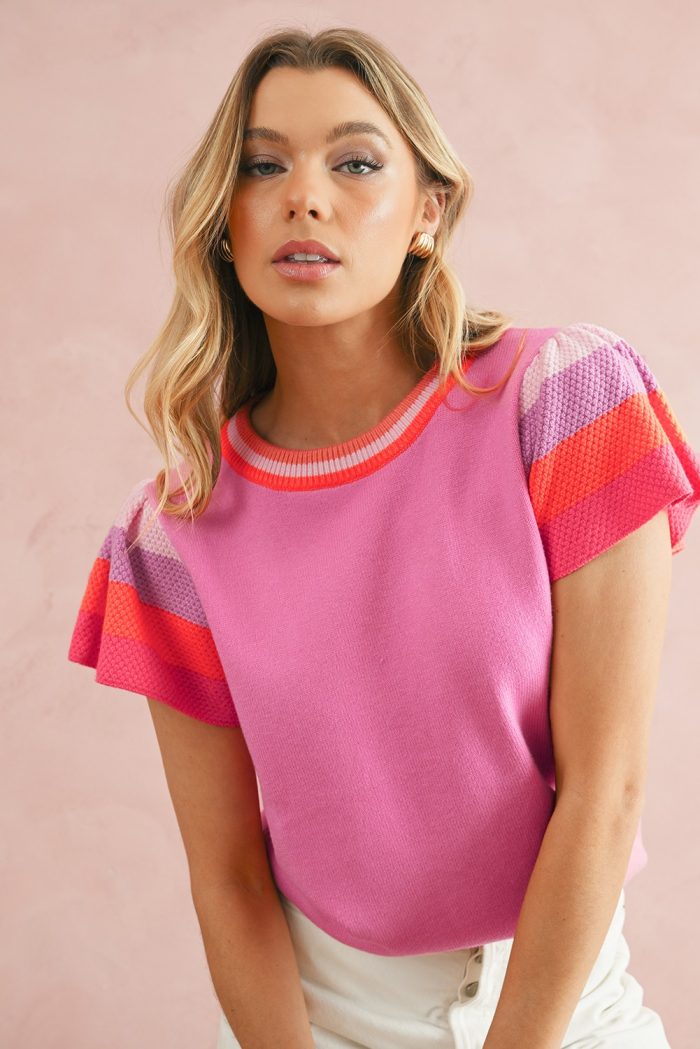 Contrast Ruffle Knit Sleeve Top Multiple color options - Image 7