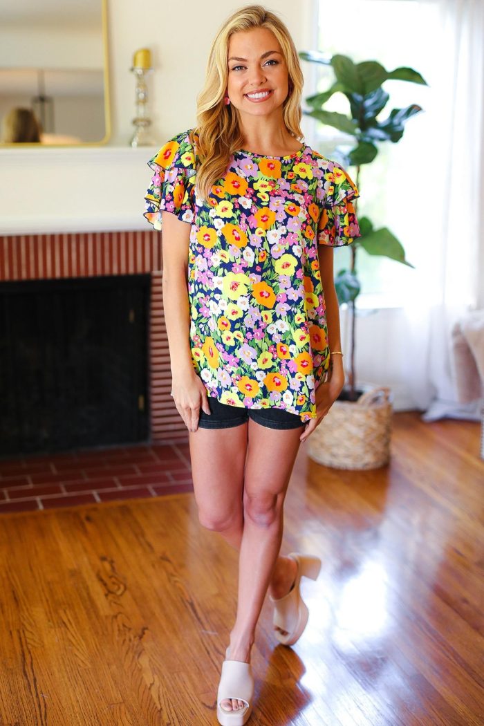 PLUS Navy/Orange DOUBLE RUFFLE FLUTTER SHORT SLEEVE WOVEN TOP