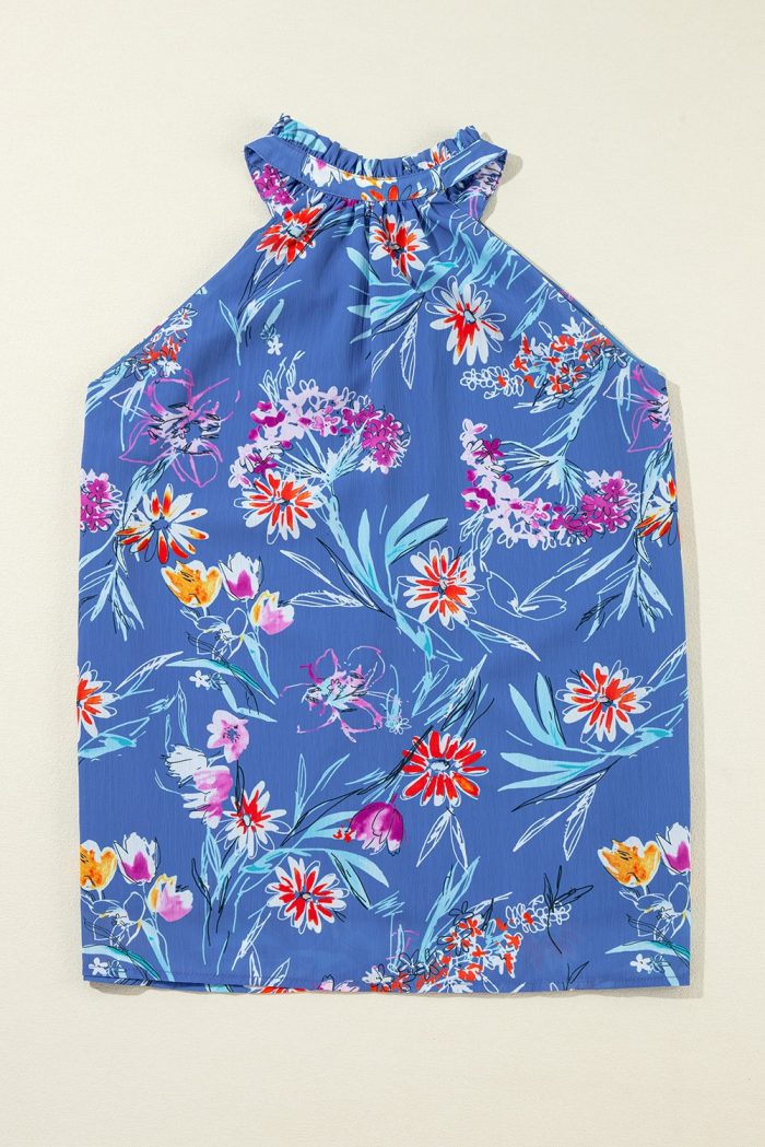 Blue or Green Floral Print Buttoned Neckline Tank Top - Image 3