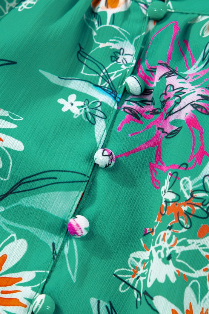 Blue or Green Floral Print Buttoned Neckline Tank Top - Image 2