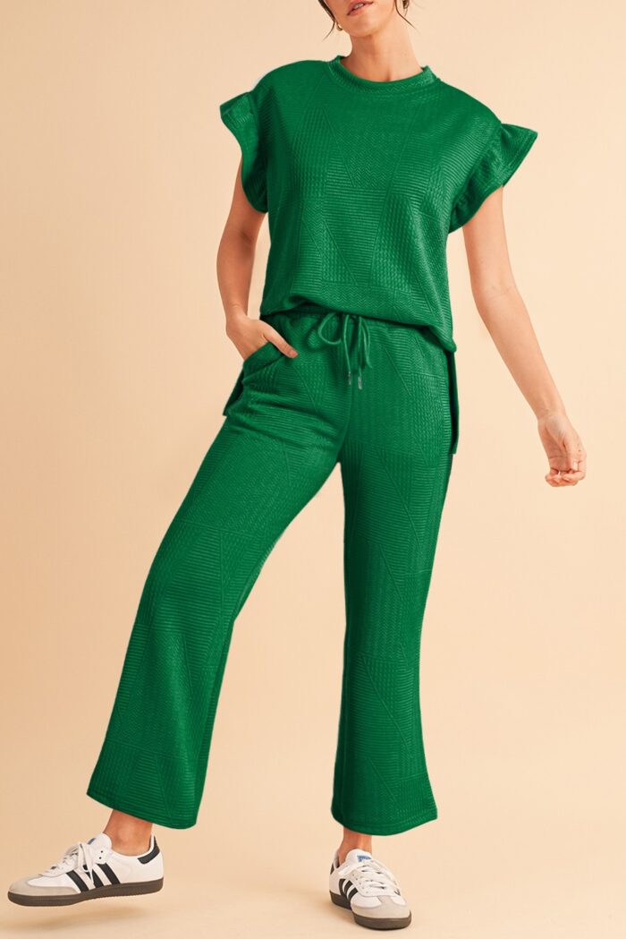 Textured Ruffle Top and Drawstring Pants Set