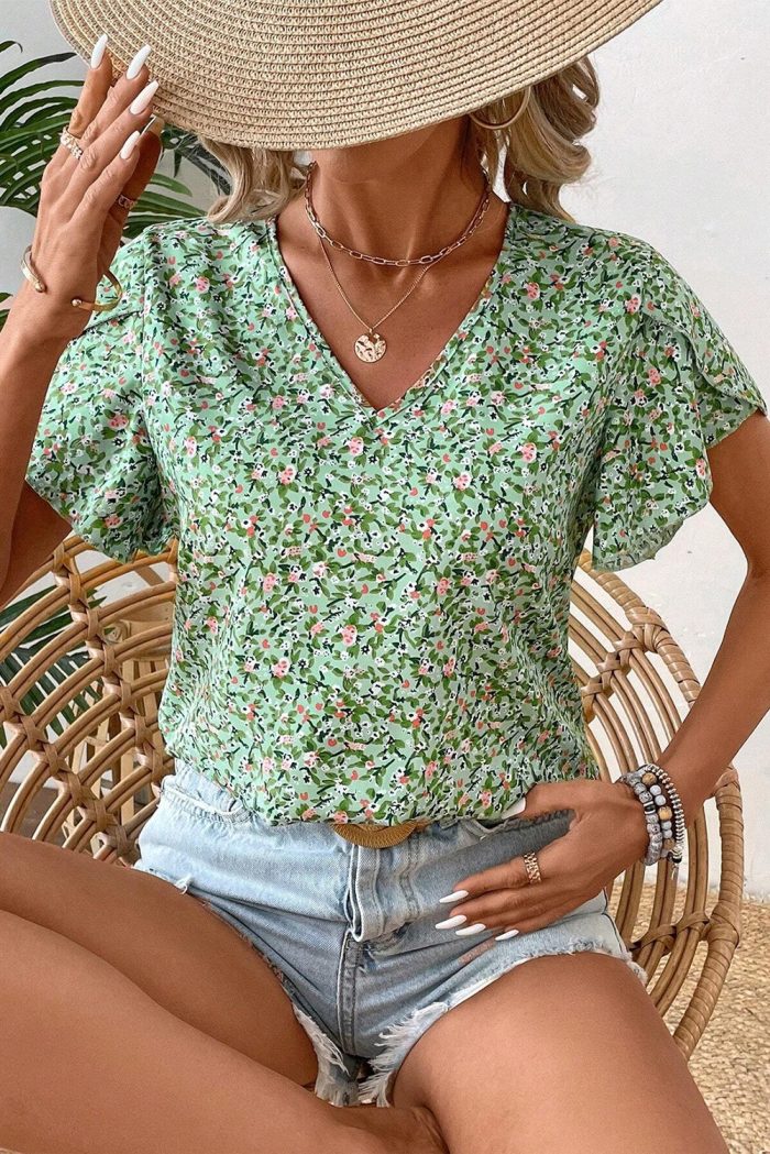 Boho Floral V Neck Short Sleeve Blouse