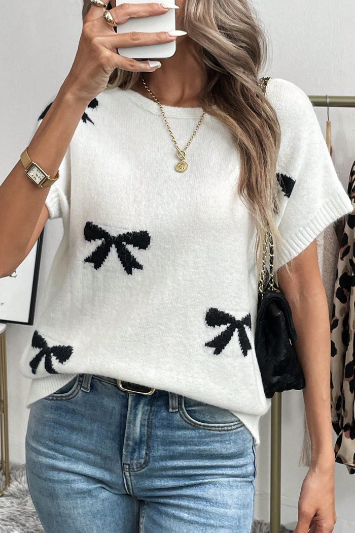 PREORDER 3/15 Bow Pattern Knit Short Sleeve Sweater