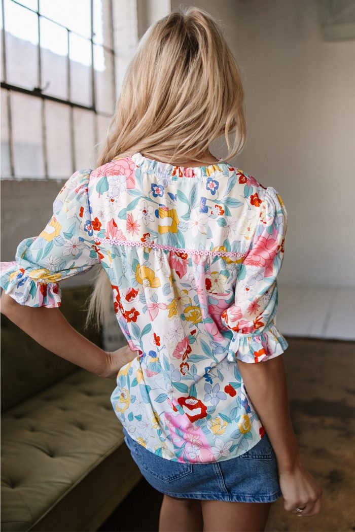 Boho Flower Print Half Puff Sleeve Blouse - Image 3