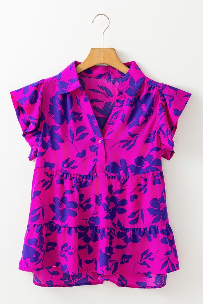 Collared Button Neckline Flutter Sleeve Blouse
