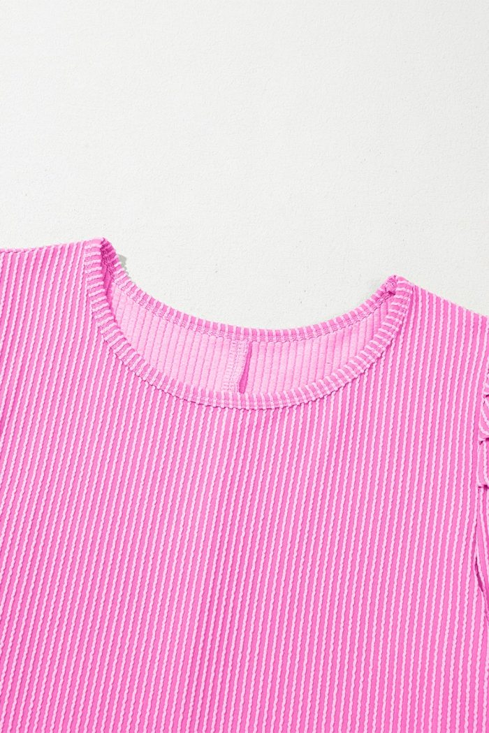 Corded PINK Knit Crew Neck Puff Sleeve Shift Mini Dress - Image 3