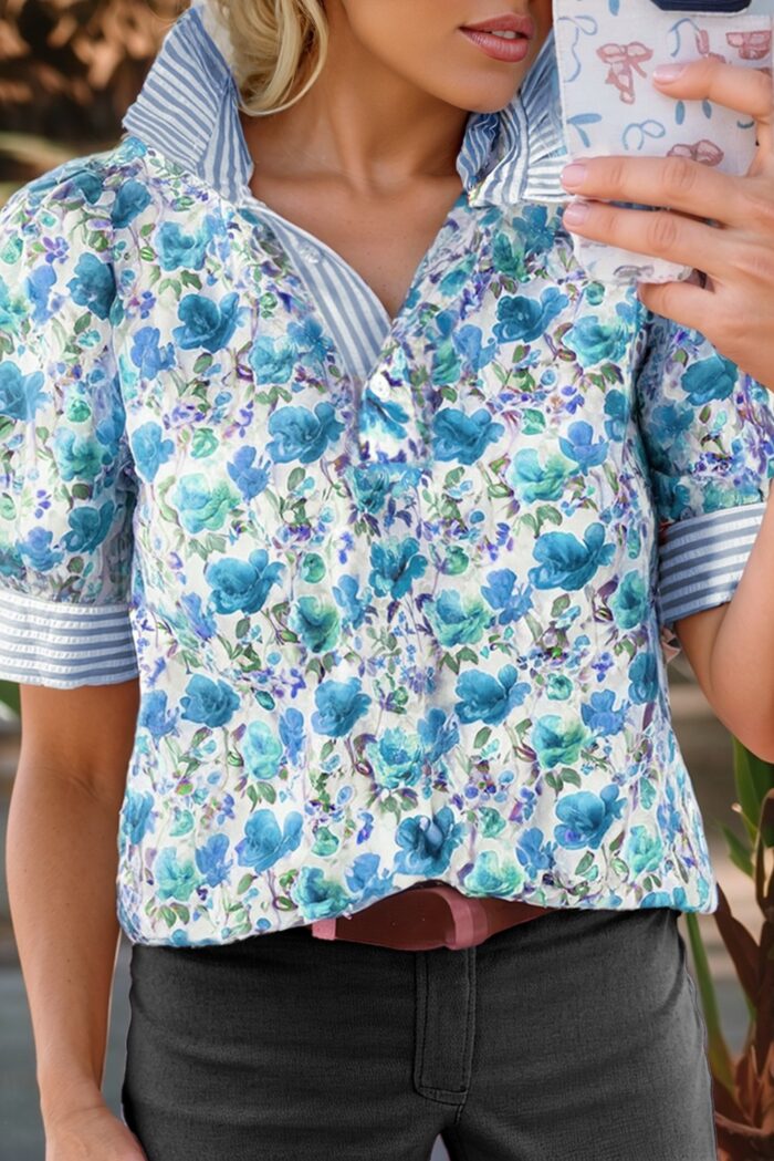 Preorder 3/30 Floral BLUE Print Striped Patchwork Collared Blouse