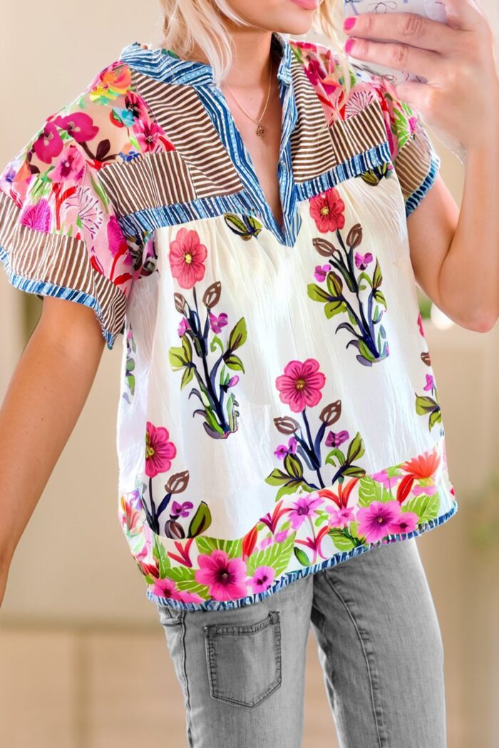 Floral Patchwork Short Sleeve Split Neck Blouse