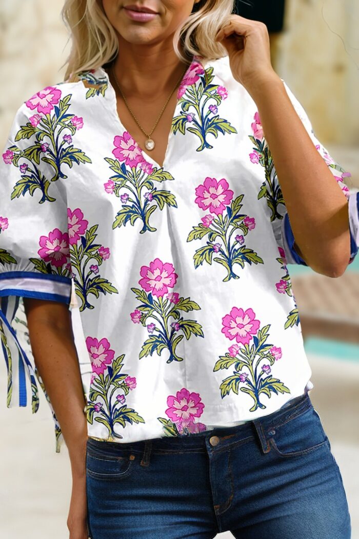 Floral Colorblock Stripe Knot Bubble Sleeve Blouse
