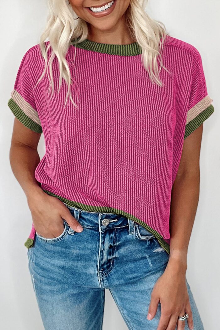 PREORDER Rose Green Trimmed Ribbed Blouse