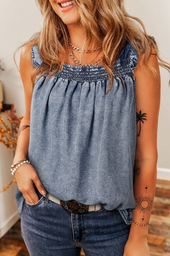 PREORDER Denim like Ruffle Square Neck sleeveless Top