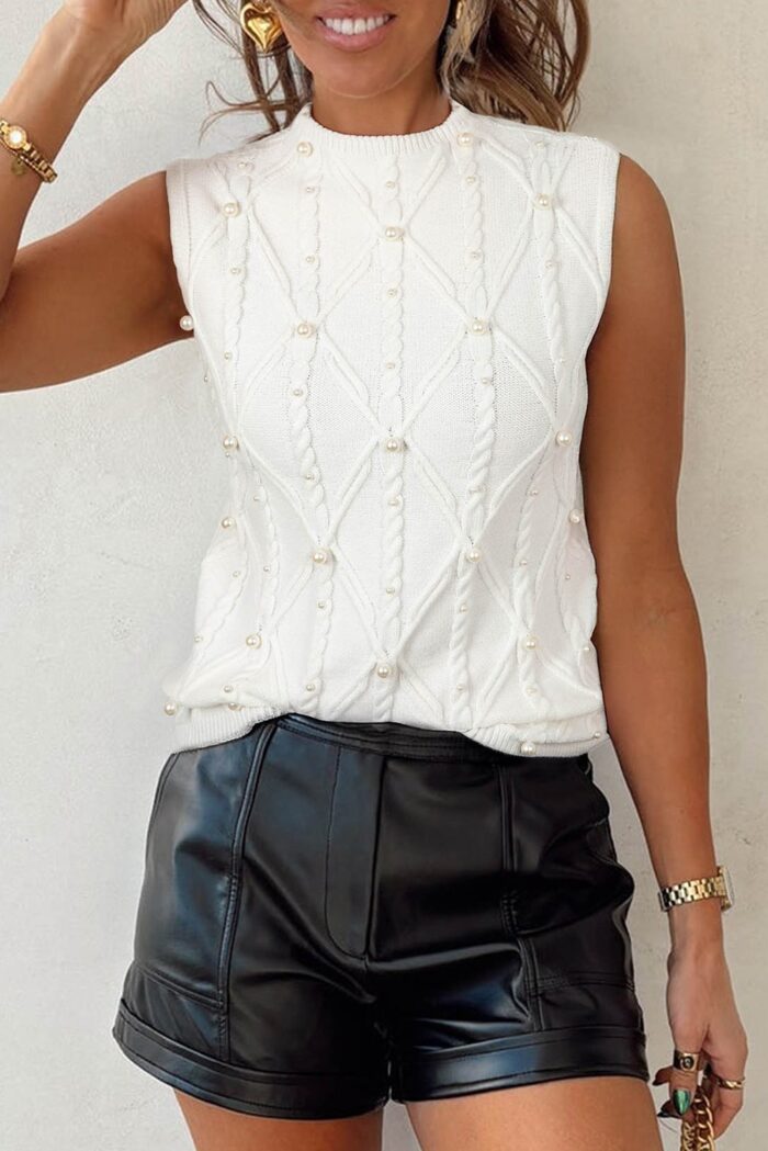 Preorder Pearl Embellished High Neck Sleeveless Knit Sweater
