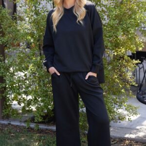 Two Piece Black Textured Top Pant Set