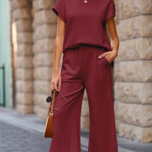Two Piece Burgundy Textured Top Pant Set