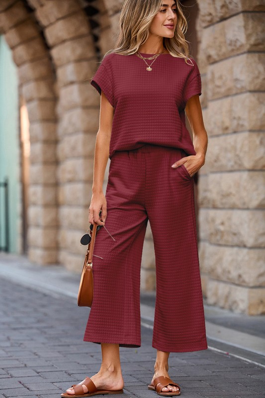 Two Piece Burgundy Textured Top Pant Set