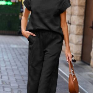 Two Piece Black Textured Top Pant Set