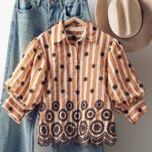 Embroidered Brown Stripe Bloom Blouse