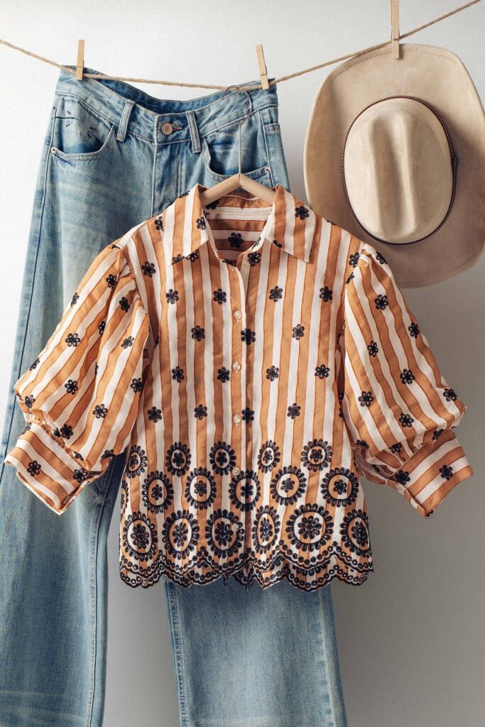 Embroidered Brown Stripe Bloom Blouse