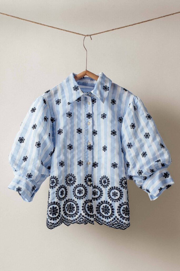 Embroidered Blue Stripe Bloom Blouse