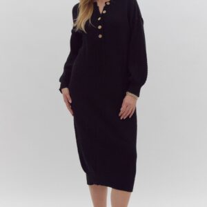 Entro Black Waffle Knit Button Sweater Dress