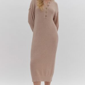 Entro Taupe Waffle Knit Button Sweater Dress
