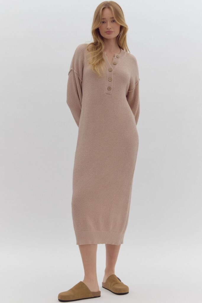 Entro Taupe Waffle Knit Button Sweater Dress