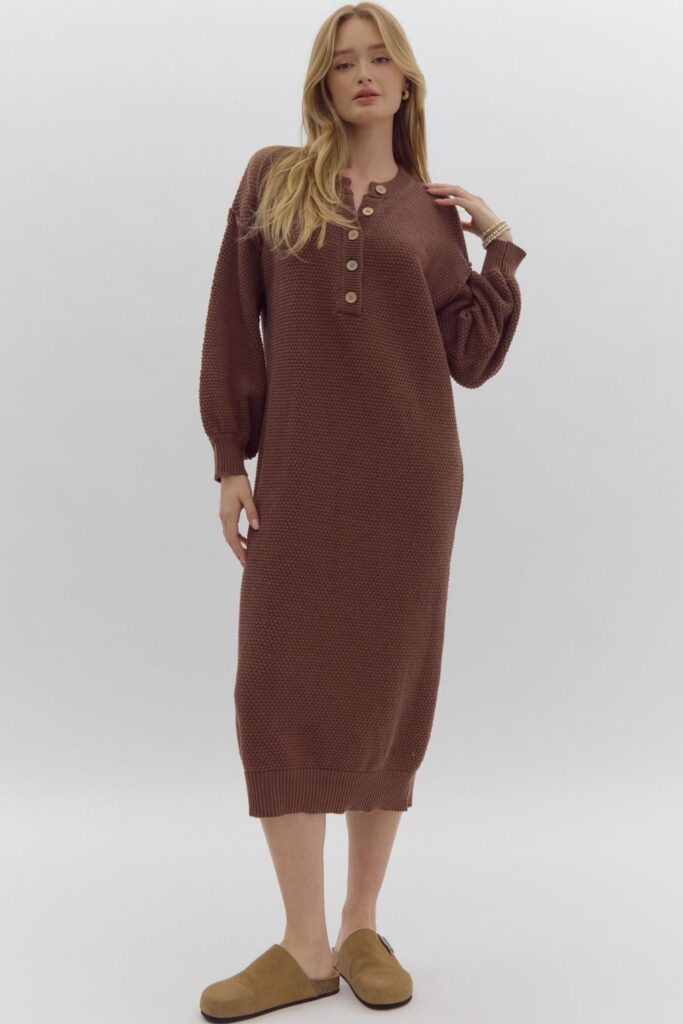 Entro Brown Waffle Knit Button Sweater Dress