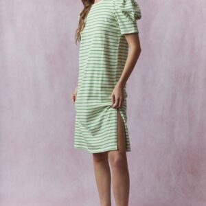 Green and White Striped Cotton Midi Dress with Puff Sleeves