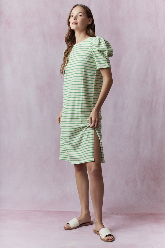 Green and White Striped Cotton Midi Dress with Puff Sleeves