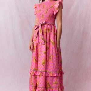 Cheetah Print Pink Smocked Midi Dress