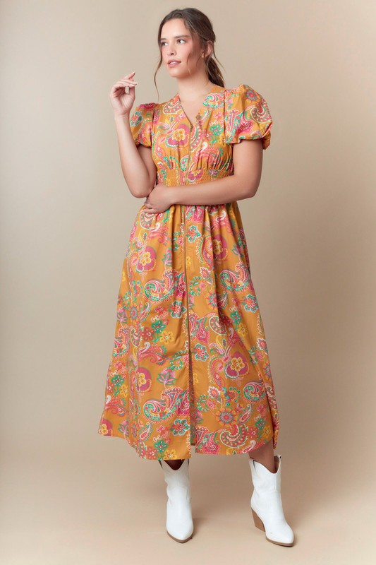 Paisley Woven Midi Zipper Accent Dress