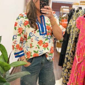 Oddi Blue Trimmed Flora Collared Top