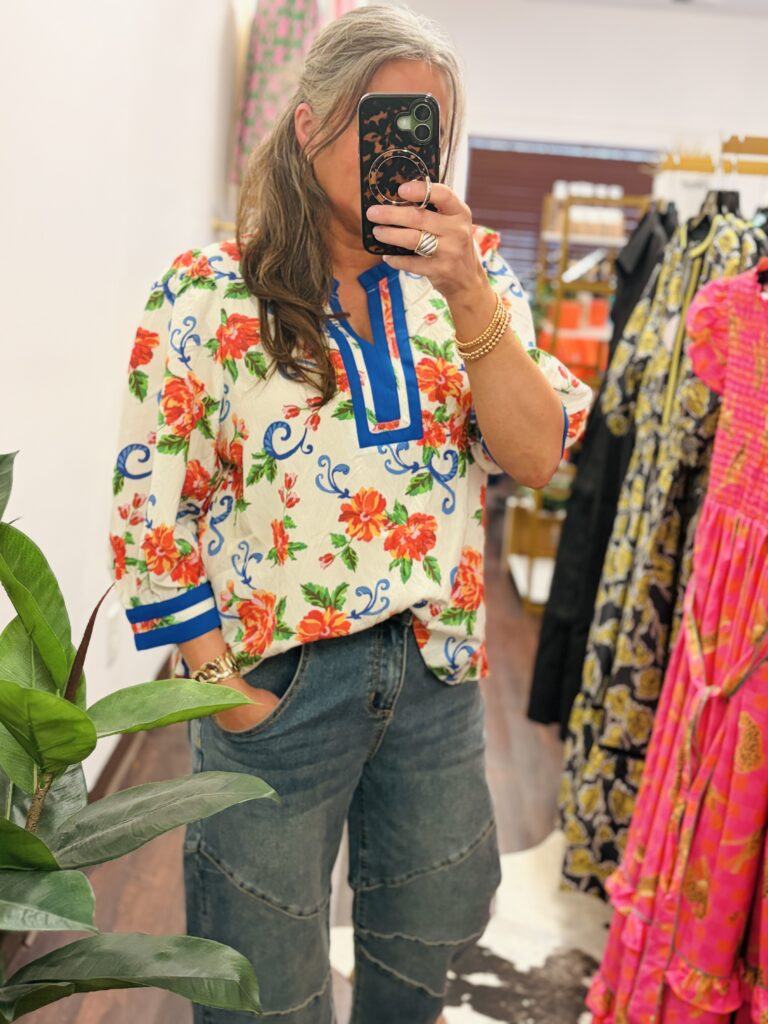 Oddi Blue Trimmed Flora Collared Top