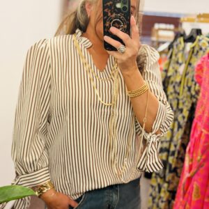 Striped V neck Ruffle Neck Tie Sleeve Blouse