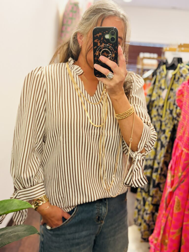 Striped V neck Ruffle Neck Tie Sleeve Blouse