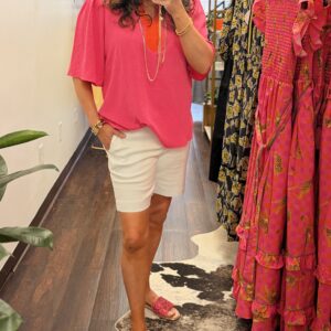 Pink Blouse with Orange Trim