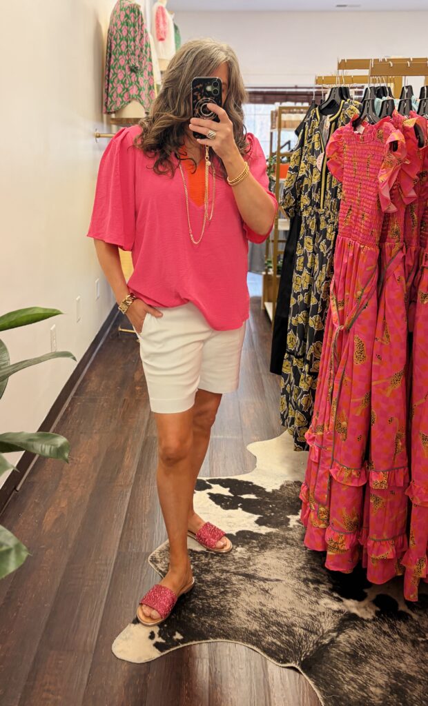 Pink Blouse with Orange Trim