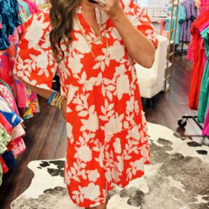 Dixie Deep Orange and White Floral Dress